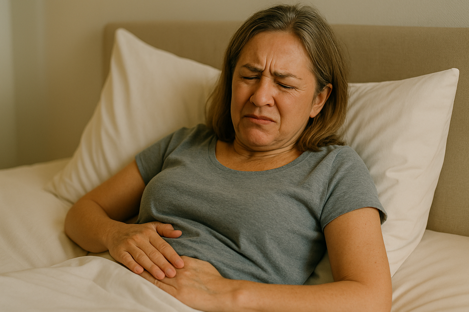 Mujer en la cama, con rostro de molestia o dolor.
